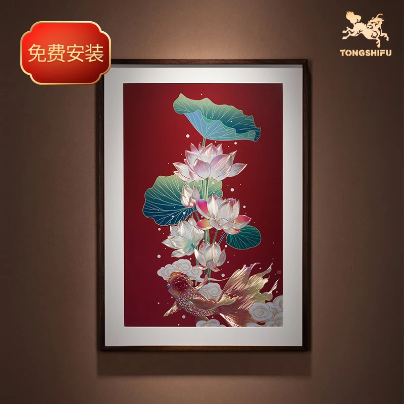 铜师傅《荷花金鱼》手工錾刻 铜雕画 装饰画 玄关画 背景画 壁画