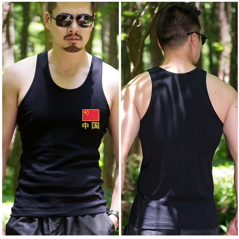 吸汗背心男夏季纯棉透气打底汗衫跨栏健身运动刺绣国旗坎肩弹力t