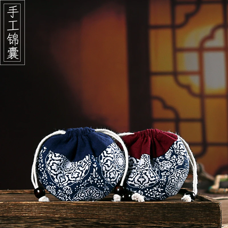 复古手工锦囊高档文玩布袋子珠宝首饰香包袋双层束口抽绳棉麻收纳
