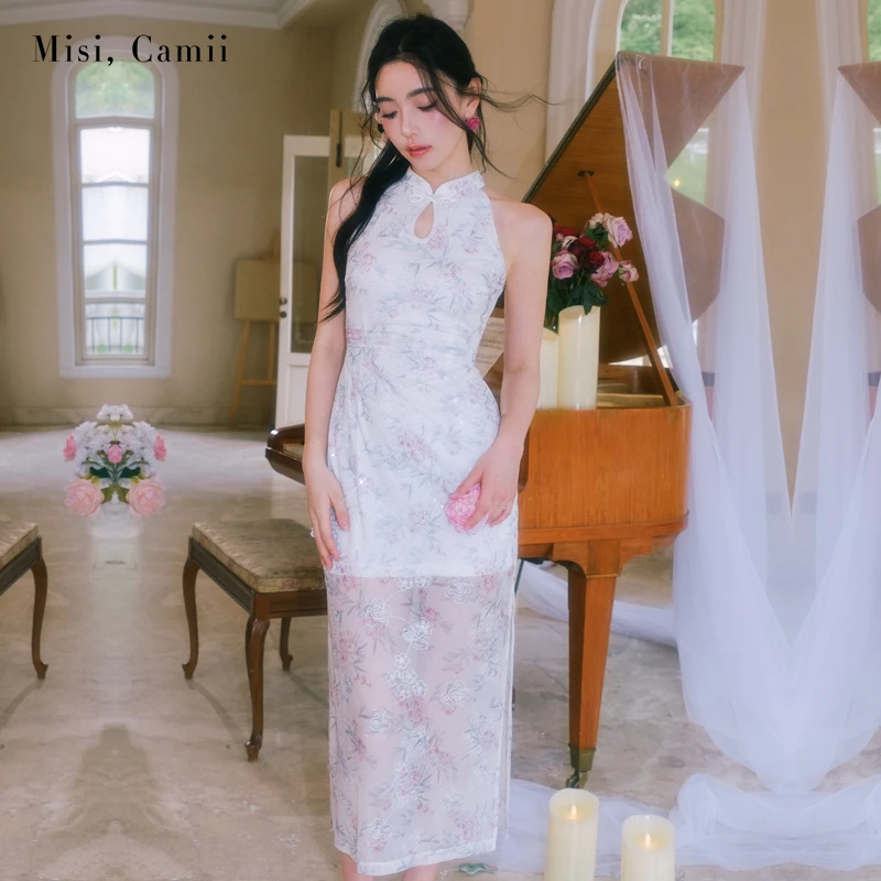 Misi,Camii彭彭echo专属夏季新款印花收腰削肩中式旗袍名媛连衣裙