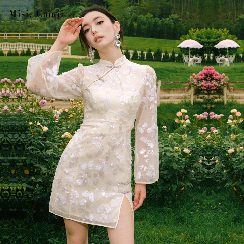 Misi,Camii夏季新款重工钉珠长袖旗袍礼服裙名媛风时尚轻奢连衣裙