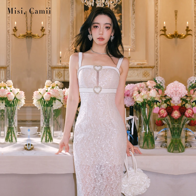 Misi,Camii2024夏季新款钻饰亮片蕾丝长款礼服裙轻奢高级感连衣裙