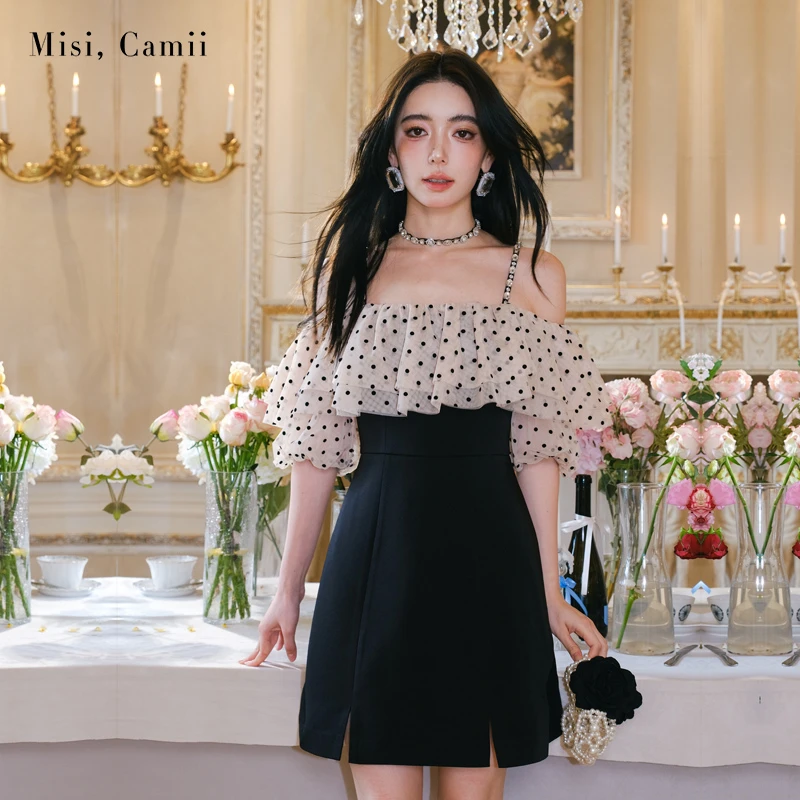Misi,Camii2025春季新款吊带拼接荷叶边波点网纱连衣裙高级感女装