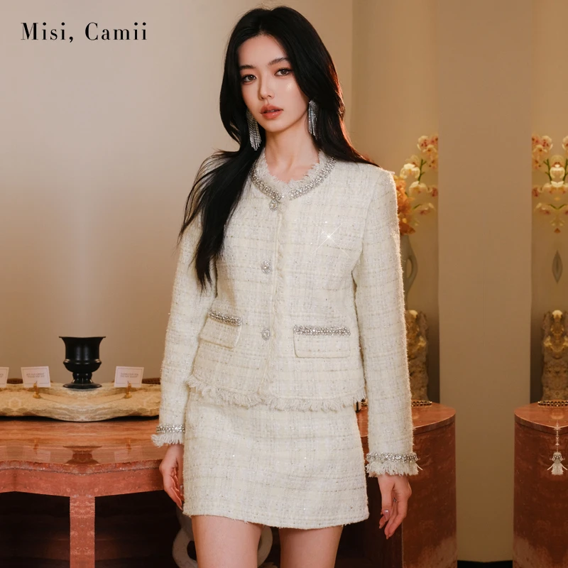 Misi,Camii早秋新款女装钉珠毛边金葱花呢外套名媛小香风穿搭百搭