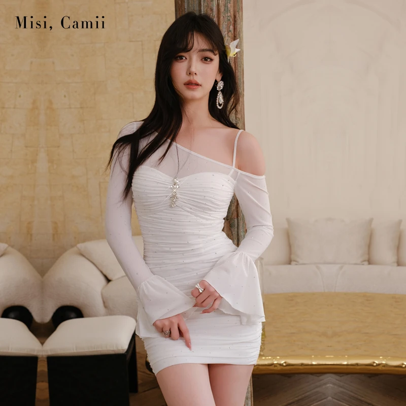 Misi,Camii2025春季新款女装时尚轻奢烫钻褶皱斜肩连衣裙气质显瘦