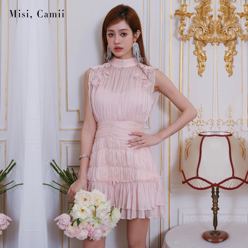 Misi,Camii2025春夏新款女装花朵珠饰褶皱连衣裙仙气显瘦轻奢时尚