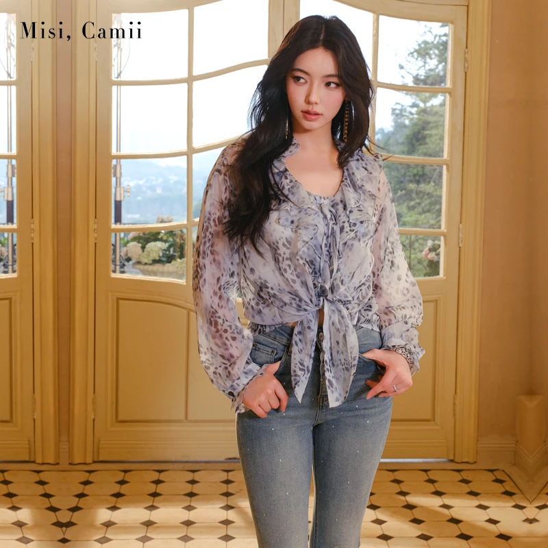 Misi,Camii【破价款】春夏新款女装钉珠荷叶领雪纺衬衫复古轻奢百搭