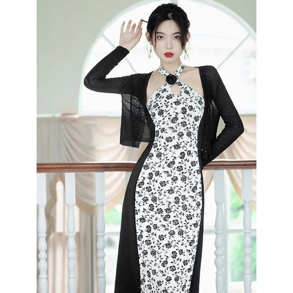 2022夏季新款新中式复古挂脖旗袍连衣裙搭配针织开衫两件套装 02