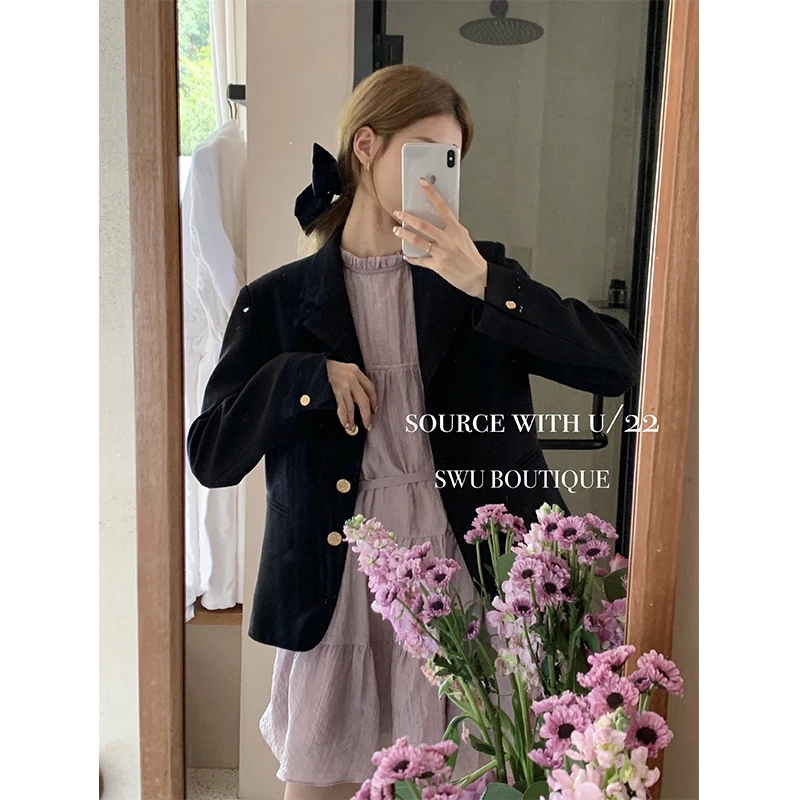 SourceWithU  质感小金扣 减龄版型百搭休闲黑色西装外套女气质