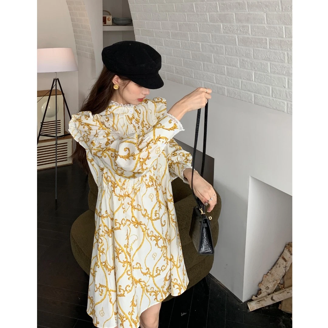 SourceWithU 拜占庭小酒馆财阀千金花边宫廷袖连衣裙木耳边衬衫裙