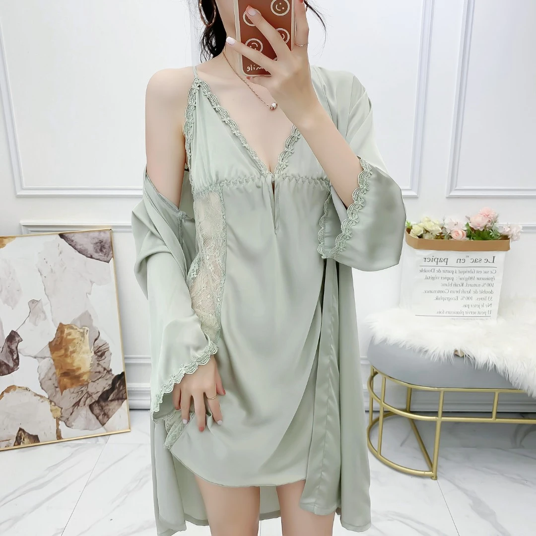 2022女冰丝睡衣带胸垫吊带性感女镂空蕾丝交叉美背睡裙睡袍睡衣