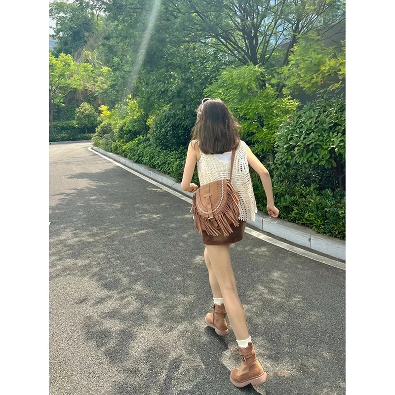 包包女夏季2024新款手工仿麂皮流苏马鞍包复古民族风单肩斜挎包潮
