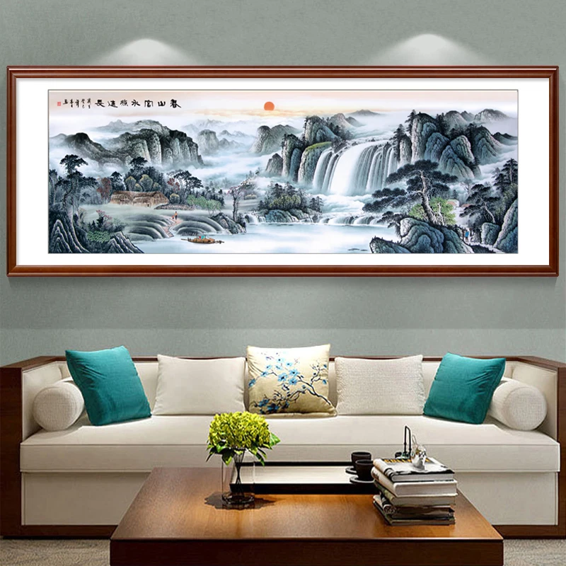巢格富水长流山水画十字绣客厅风景国画流水生财源远流长28种线绣