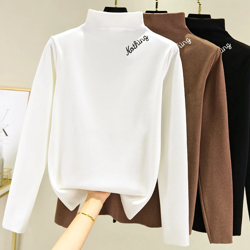 德绒半高领打底衫女秋冬内搭蓄热双面加绒加厚白色洋气保暖上衣