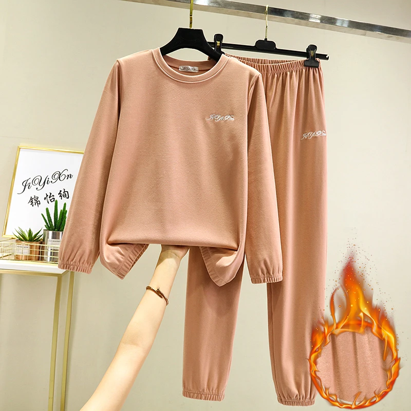 秋冬保暖睡衣女套装宽松长袖宅宅服可外穿双面德绒圆领大码家居服