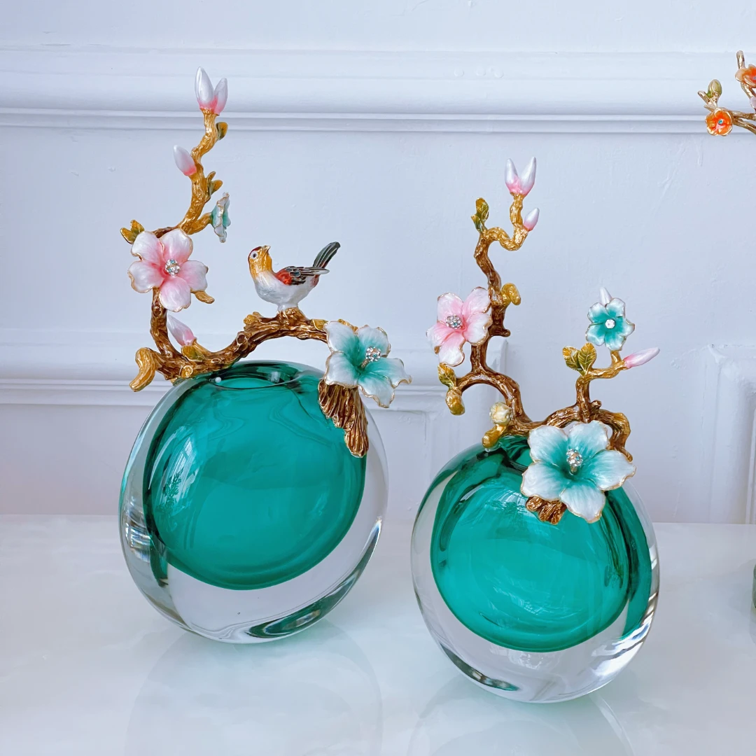 珐琅彩琉璃海洋之心花鸟花瓶摆件FLC641