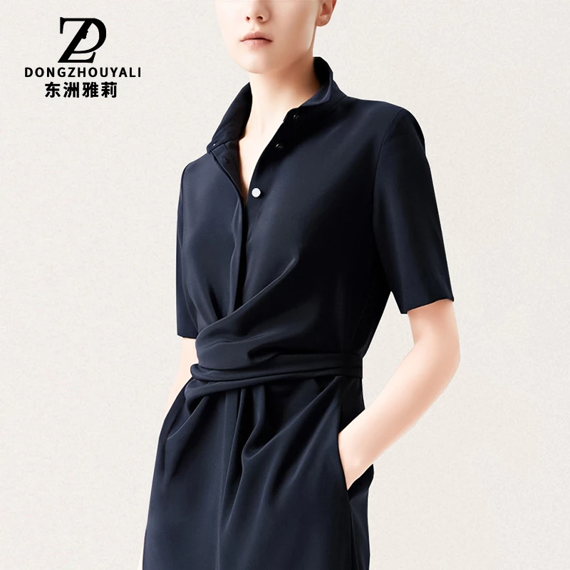 3142设计师款欧美轻奢时尚气质衬衫领修身收腰显瘦连衣裙