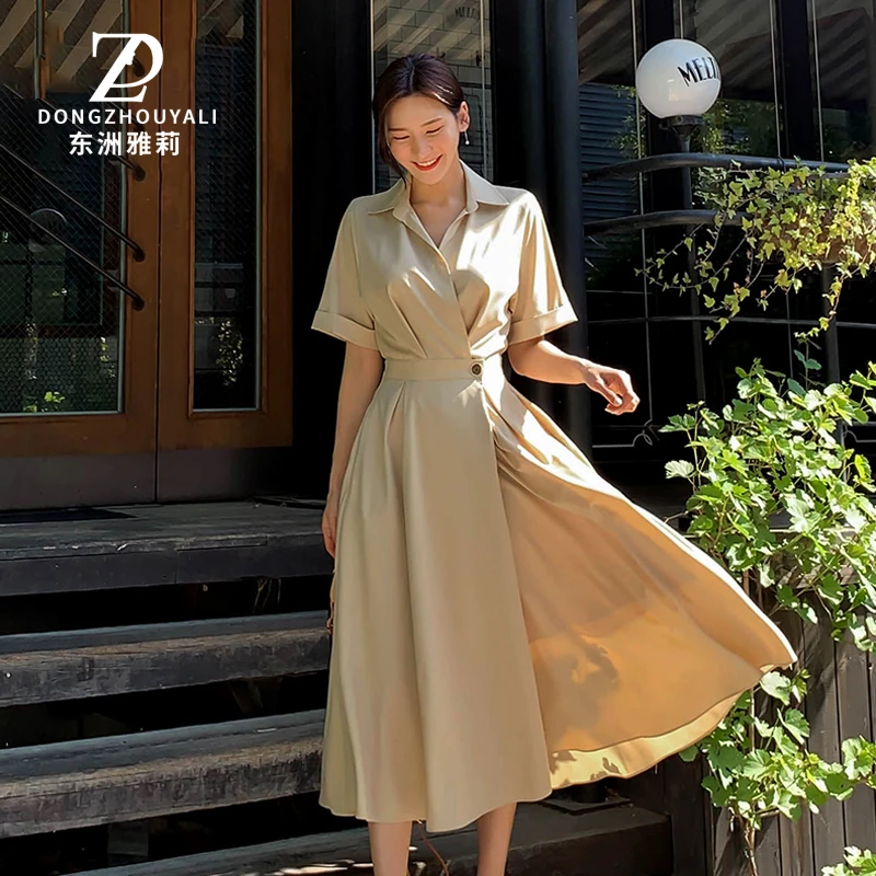 3634衬衫领连衣裙女短袖2024夏季新款简约中长款a字显瘦裙子