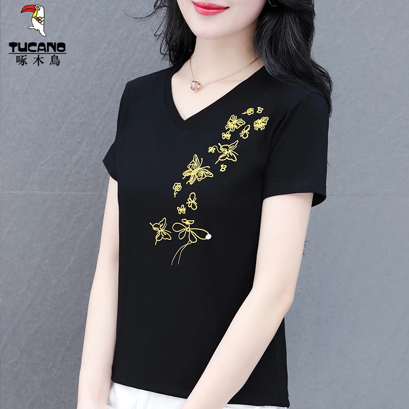 啄木鸟妈妈短袖v领t恤女款夏季2025新款薄款衣服中年大码夏装上衣