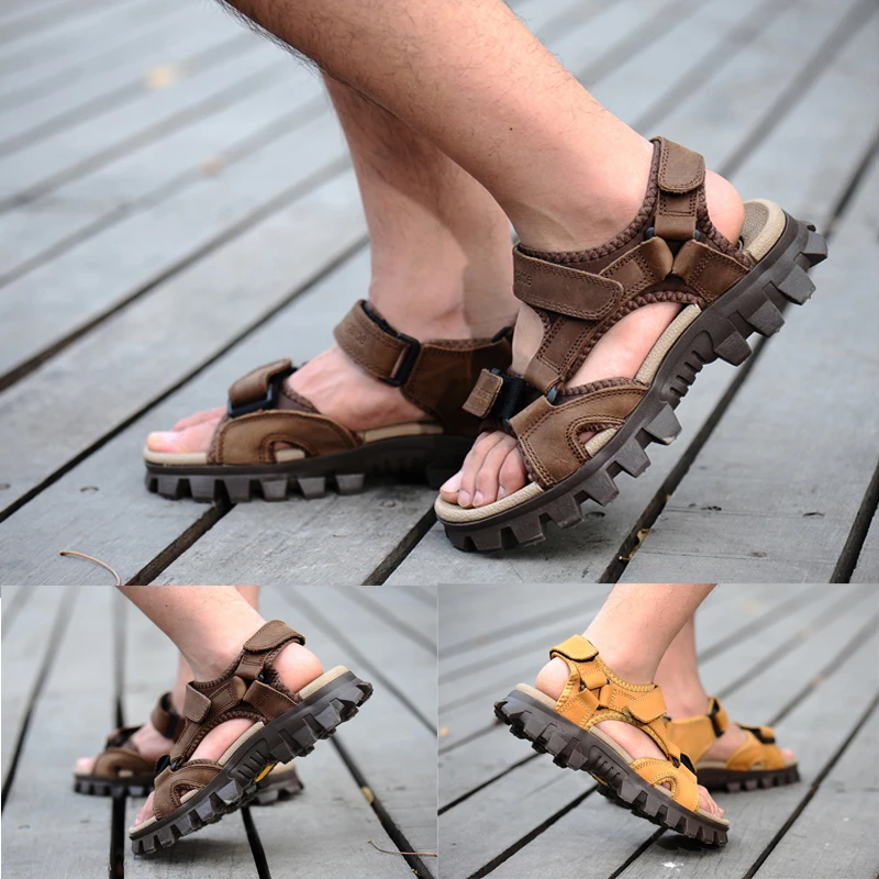 夏季真皮凉鞋男士潮流透气休闲厚底沙滩鞋大码溯溪鞋牛皮增高男鞋