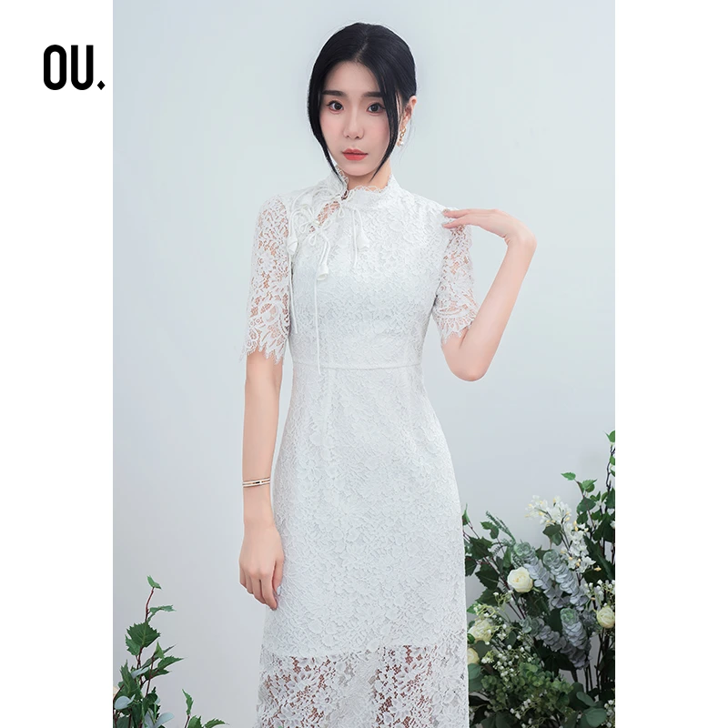 OU.FASHION/欧点优雅中国风气质蕾丝连衣裙修身中式6122230086