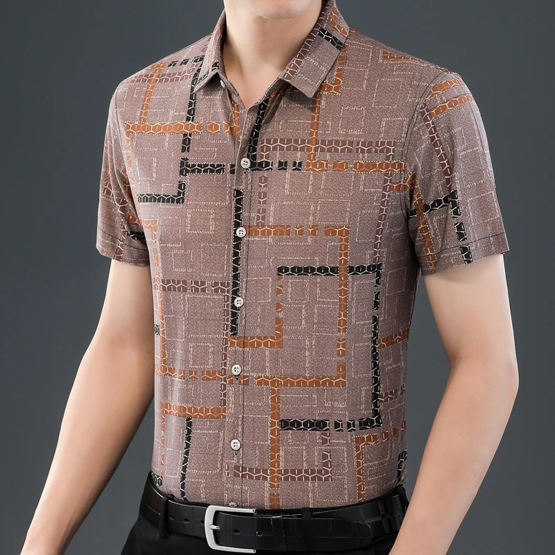 短袖衬衫男中年男士薄款冰丝印花衬衣夏季新品商务休闲半袖男装