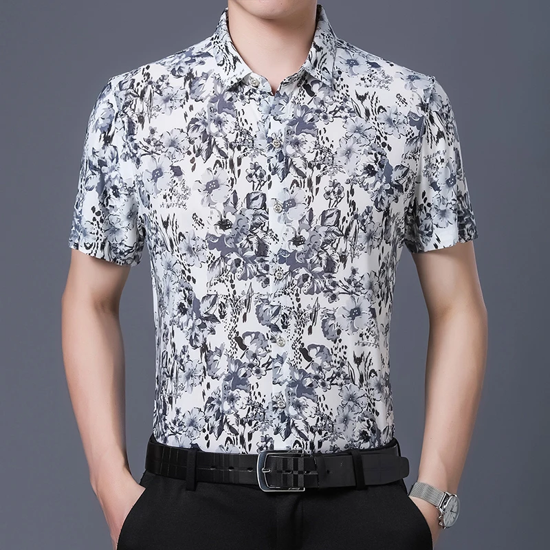 男士短袖衬衫冰丝印花抗皱中年夏季新款休闲薄款免烫半袖衬衣男装