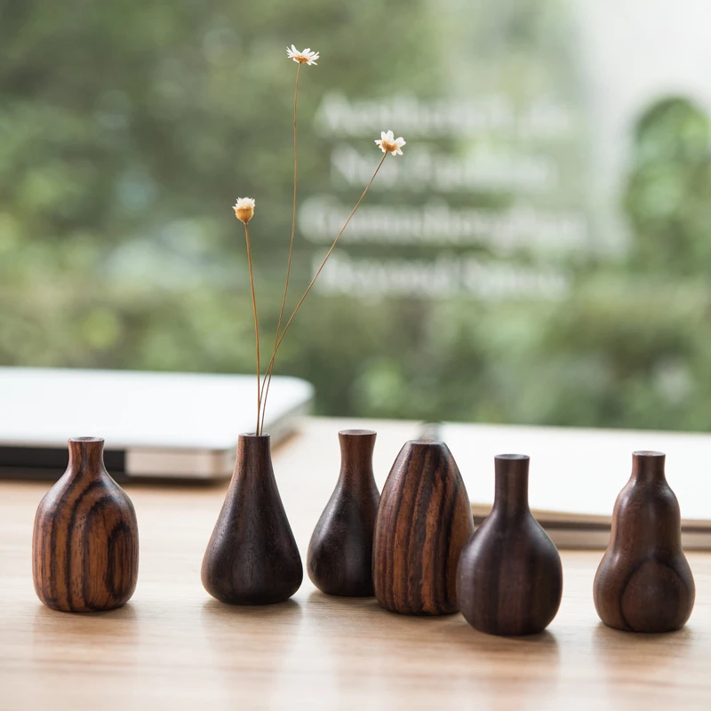 木质花瓶清新素雅插花迷你创意桌面家居摆件手工工艺品简约胡桃木