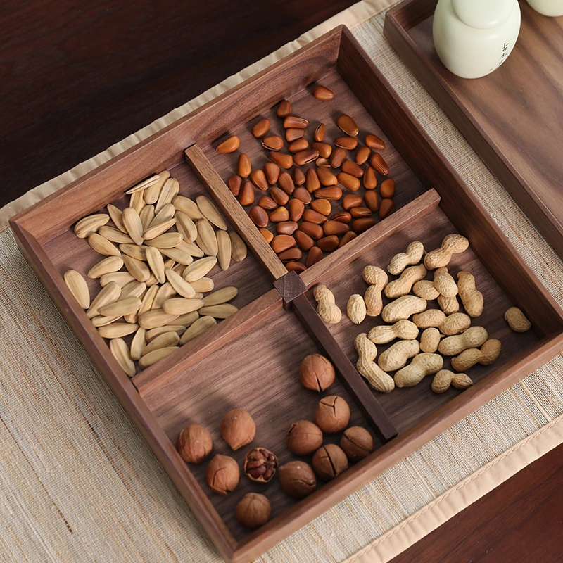 双层干果盘带盖客厅瓜子盘木质创意家用分格零食收纳盒多功能北欧
