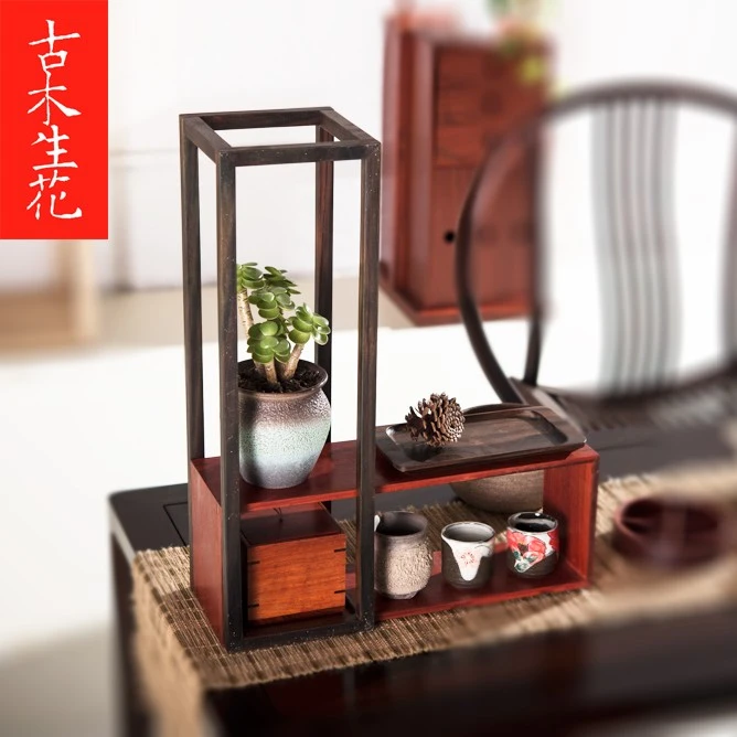 实木茶杯架子桌面茶壶收纳架小书架小博古架置物架古木生花