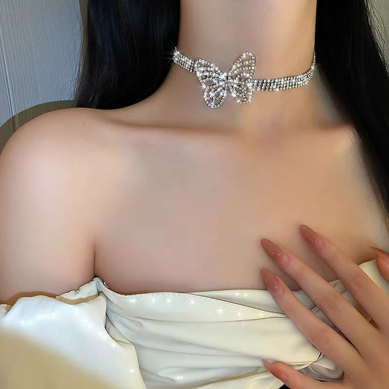 合成锆石项链 满钻蝴蝶结项链新款女设计感锁骨颈链时尚水钻配饰