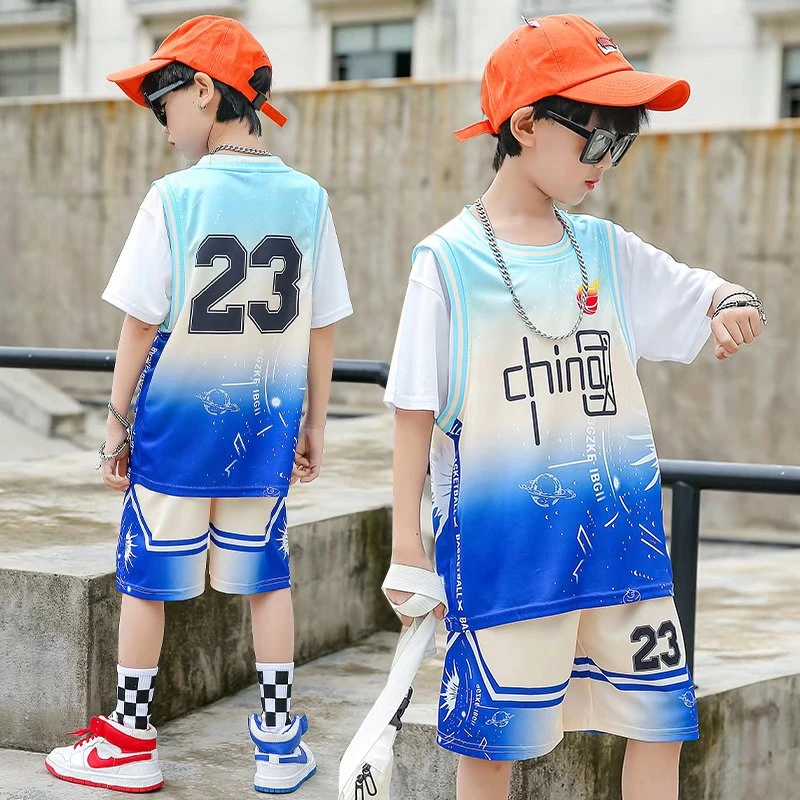夏季儿童套装男童背心假两件训练服
