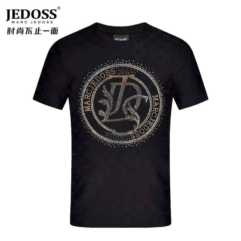 JEDOSS/爵迪斯提花烫钻立体暗纹T恤短袖夏季修身半袖个性棉潮流