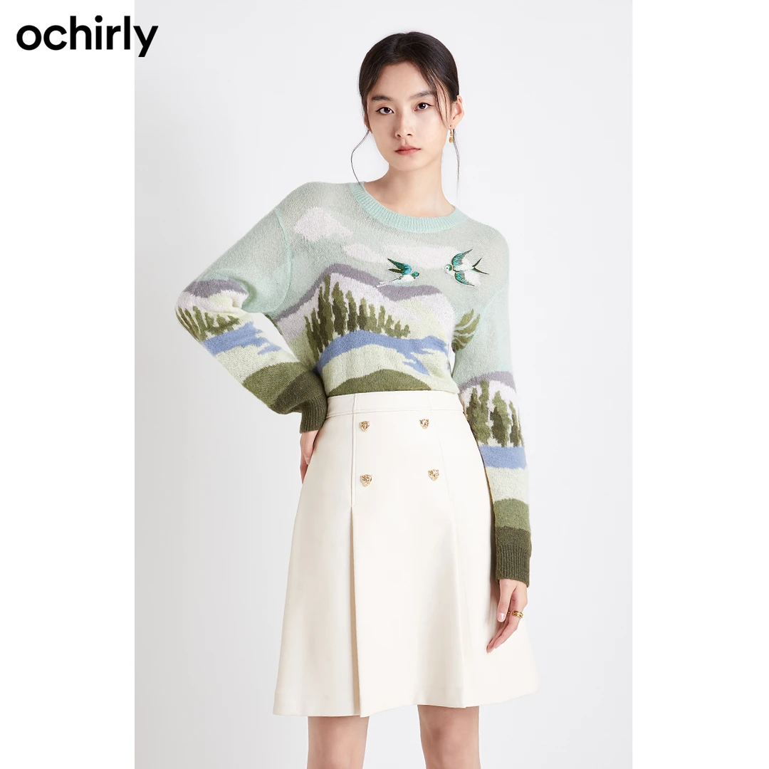赵小黎合作系列 欧时力撞色提花绣章羊毛针织毛衣女套头圆领秋冬