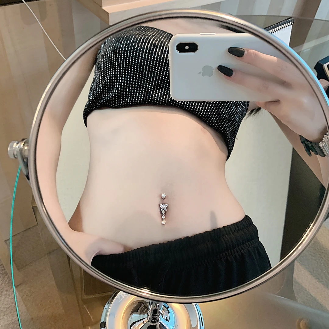 钛钢合成锆石耳饰 要打孔钛钢脐钉脐环蝴蝶肚脐钉性感肚穿刺时尚