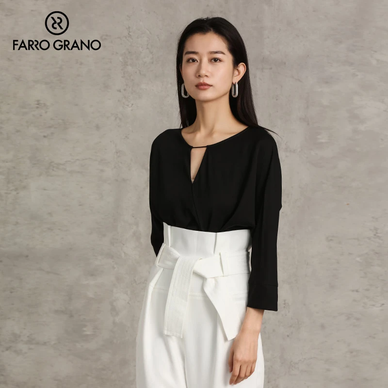FARROGRANO/菲诺格诺重磅真丝桑蚕丝圆领镂空女士上衣T恤FH2B504