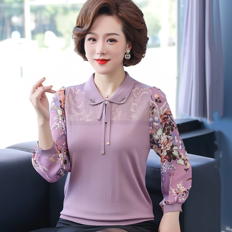中年妈妈装秋装时尚长袖T恤中老年女装秋款上衣春装洋气小衫翻领