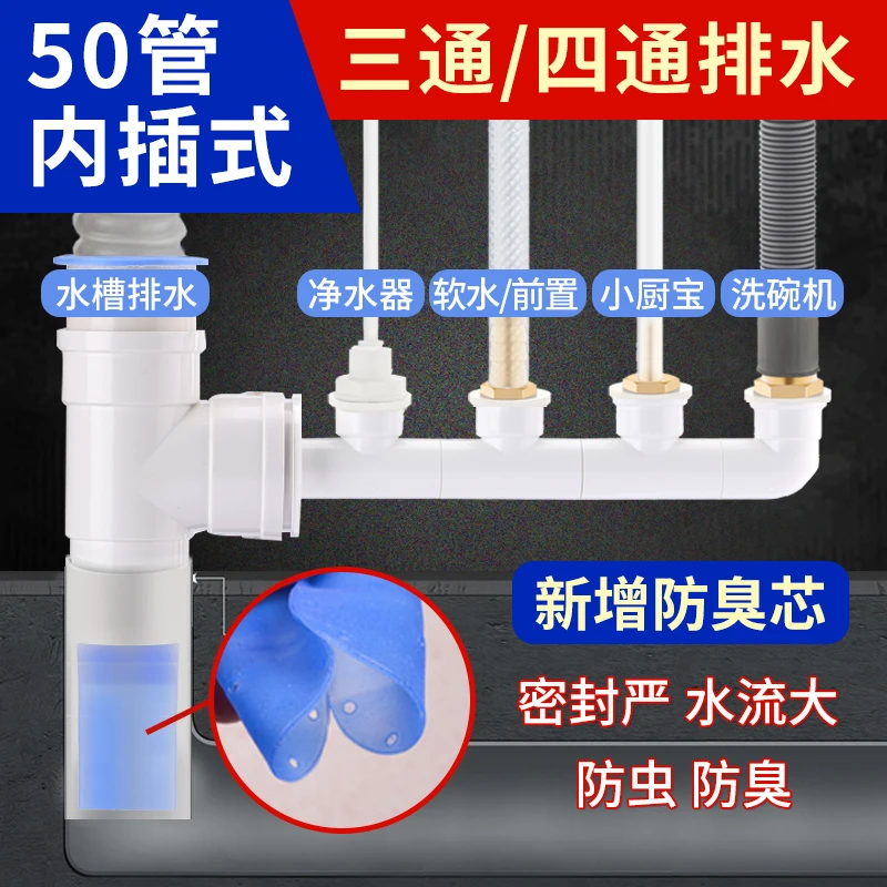 厨房水槽洗碗机净水器洗菜盆前置洗衣机排水管内插三通接头下水器