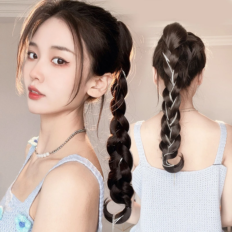 假发女麻花辫马尾抓夹式仿真人发丝夏季扎发高马尾辫子假发片