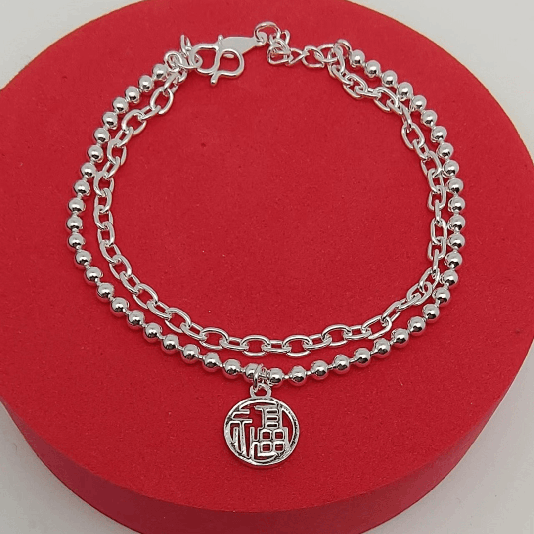 足银手链 双层福牌手链