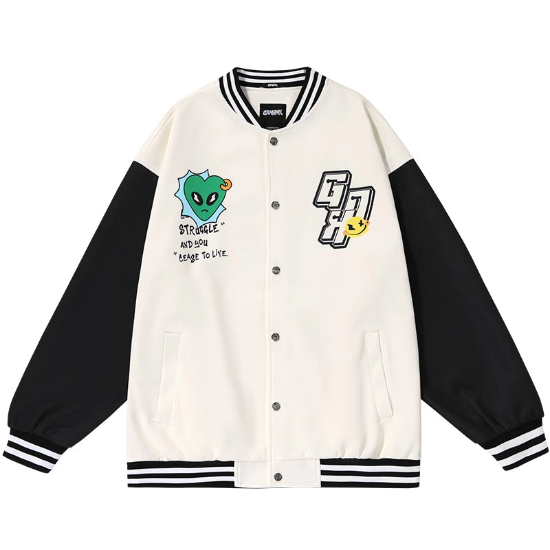 GENANX闪电潮牌Vibe风校园风绣花印花拼色情侣款棒球服  JS652