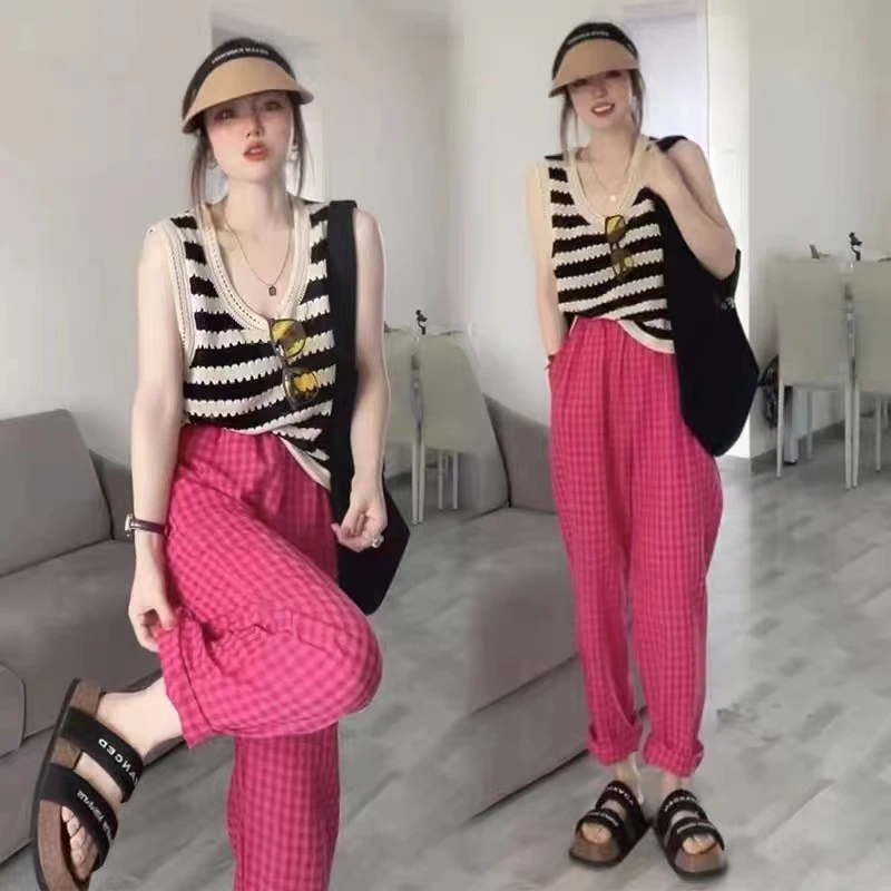 XIAOQIANER 夏季韩版粉格子薄款哈伦萝卜裤