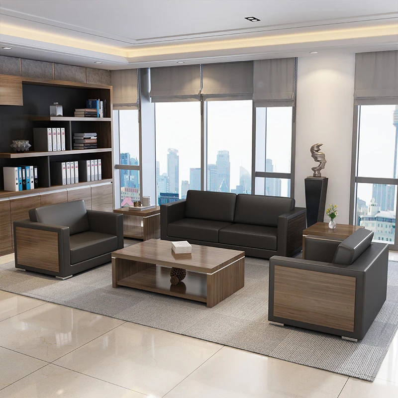 简约现代商务会客区洽谈接待室真皮办公沙发三人位办公室西皮沙发