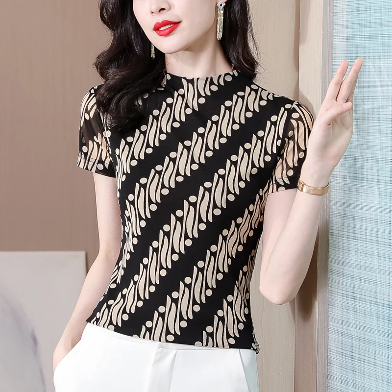 2024春夏季新时尚半高领洋气短袖小衫透气显瘦上衣女气质打底T恤