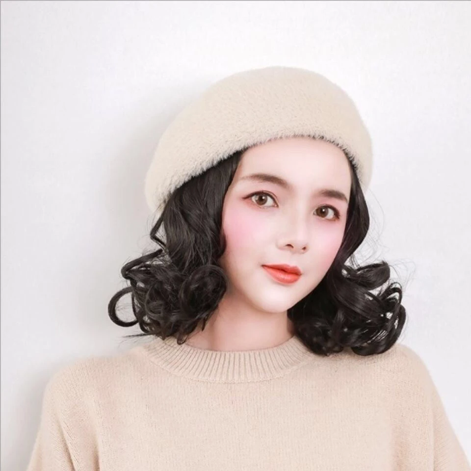假发带帽子一体女短卷发秋冬天网红时尚连帽真发丝带假发的贝雷帽