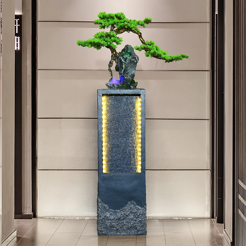 7080D雅松清流新中式假山喷泉水幕墙玄关客厅酒店装饰乔迁礼品