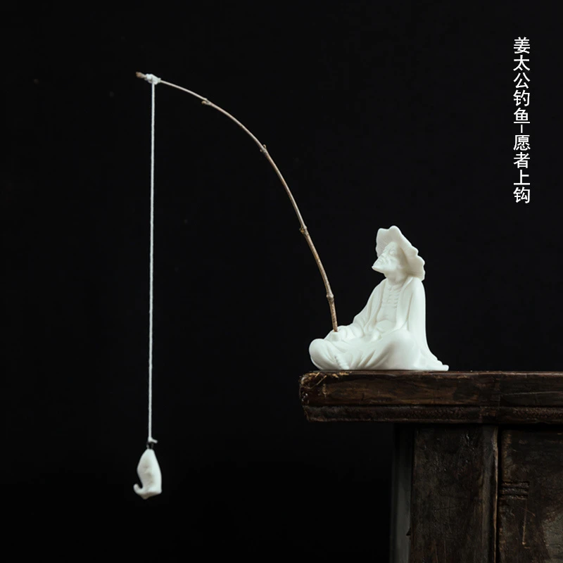 姜太公钓鱼摆件微景观陶瓷垂钓渔翁人物鱼缸流水器盆景造景装饰品