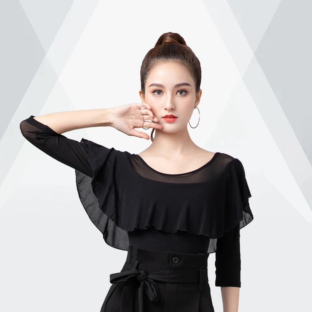 拉丁舞蹈服上衣成人女交谊舞新款修身显瘦摩登舞荷叶边连体衣2025