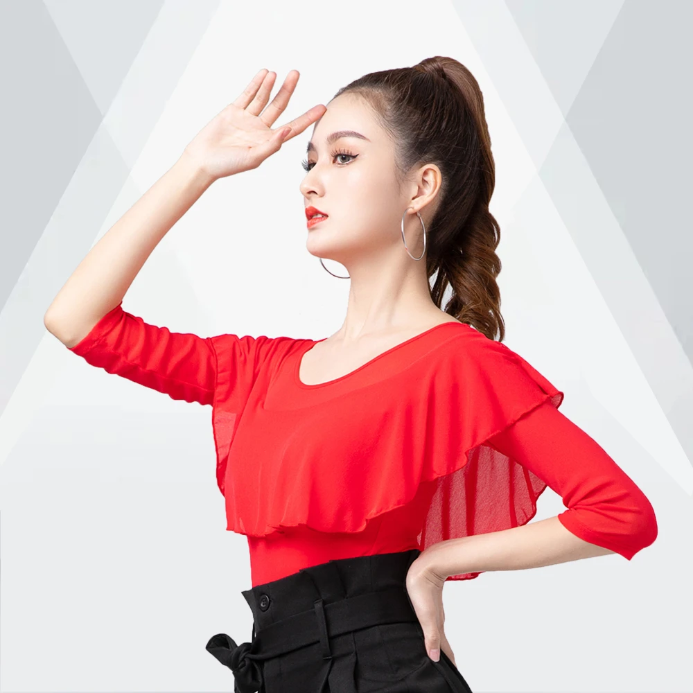 2025拉丁舞摩登舞上衣弹力修身荷叶边红色女新款成人跳广场舞舞蹈