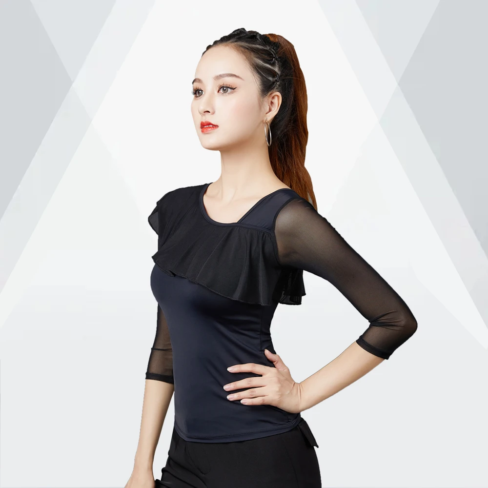 拉丁舞摩登舞上衣华尔兹黑色短袖紧身女夏季新款成人跳广场舞美背
